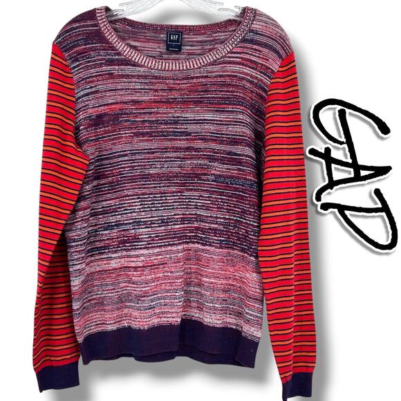 GAP 100% Cotton Marled Crewneck Sweater Stripe Sleeves Red Navy Womens Sz Large - Picture 1 of 11